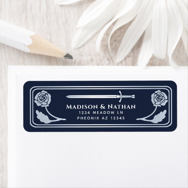 Silver Blue Mediaeval Fantasy Sword Wedding Label (Insitu)