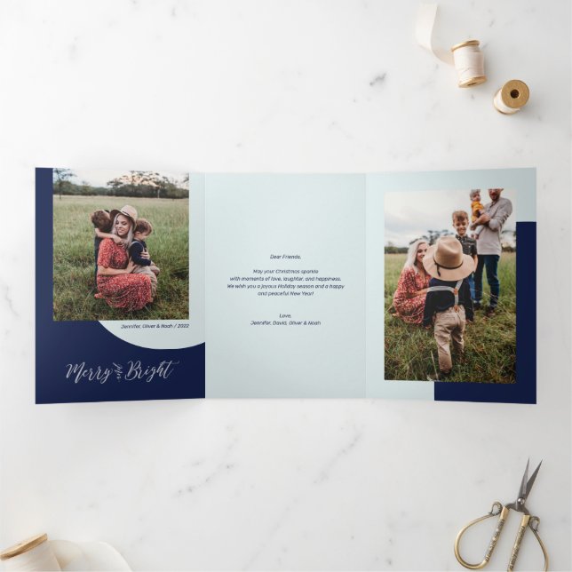 Silver & Blue | Merry & Bright Christmas Photo Tri-Fold Holiday Card (Inside)