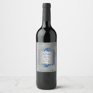 Silver & Blue Metallic Petals Wine Label
