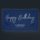 Silver & Blue Minimal Custom Happy Birthday Banner<br><div class="desc">This simple birthday banner design features stylish script lettering "Happy Birthday" with custom texts. You can personalise the text. Perfect party decor for a modern navy blue & gold birthday party. More matching items available at my shop BaraBomDesign.</div>