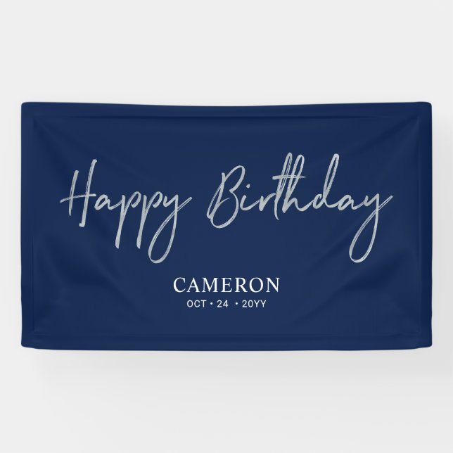 Silver & Blue Minimal Custom Happy Birthday Banner (Horizontal)