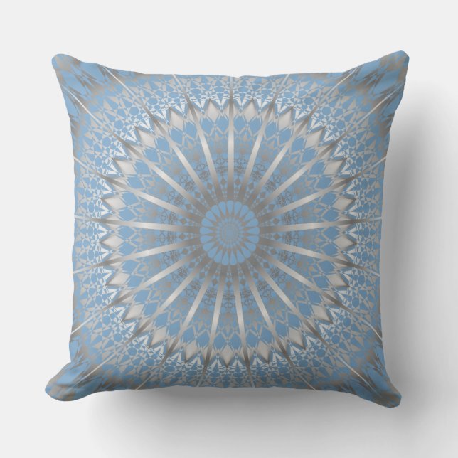 Silver Blue Modern Geometric Mandala Outdoor Cushion (Front)