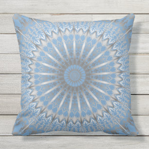 Silver Blue Modern Geometric Mandala Outdoor Cushion