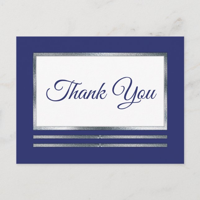 Silver | Blue Modern Simple Elegant Thank You Postcard (Front)
