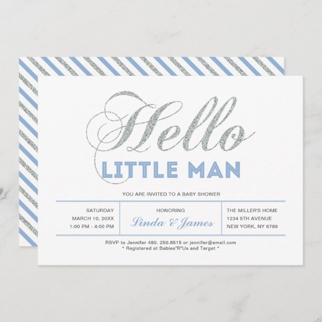 Silver, Blue | Modern Typography Boy Baby Shower Invitation (Front/Back)