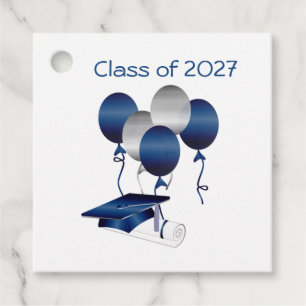 Silver blue Mortar, diploma, balloons Class of Favour Tags