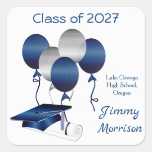 Silver blue Mortar, diploma, balloons Class of Square Sticker
