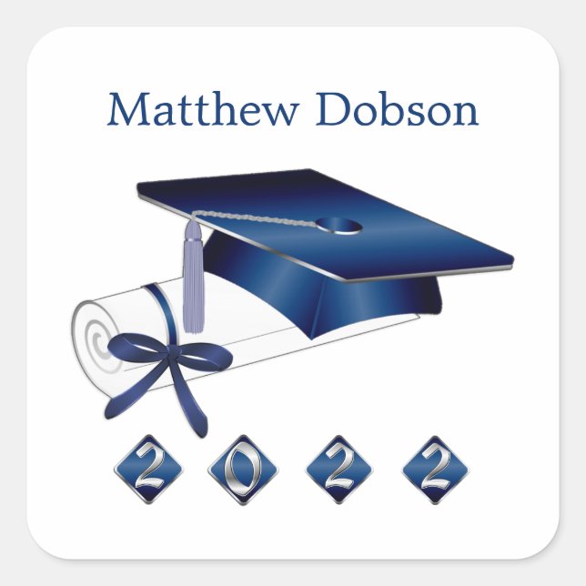 Silver Blue Mortar Diploma Graduation 2022 Square Sticker (Front)