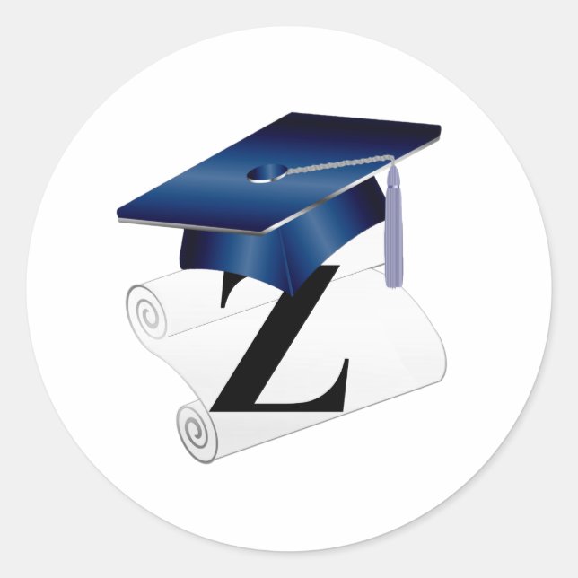 Silver blue Mortar, diploma letter Z Graduation Classic Round Sticker (Front)