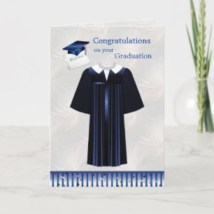 Silver blue mortar, gown and diploma Graduation Card