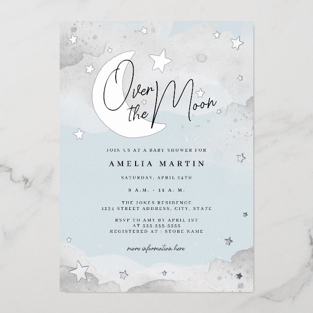 Silver Blue Over the Moon Baby Shower Foil  (Front)