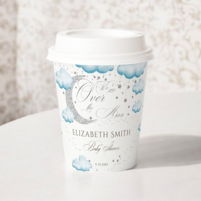 Silver Blue Over the Moon Boy  Baby Shower Paper Cups (Creator Uploaded)