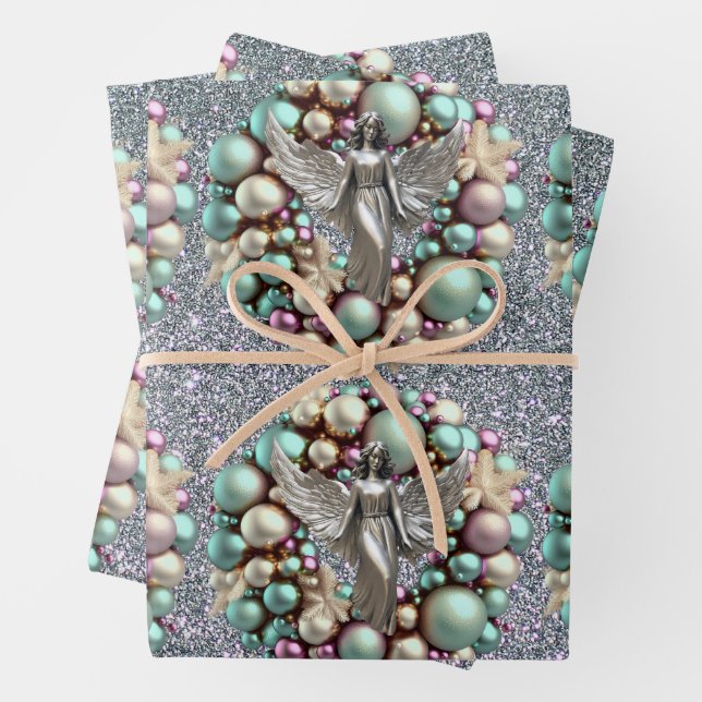 Silver Blue Pink Christmas Wreath Silver Angel  Wrapping Paper Sheet (In situ)