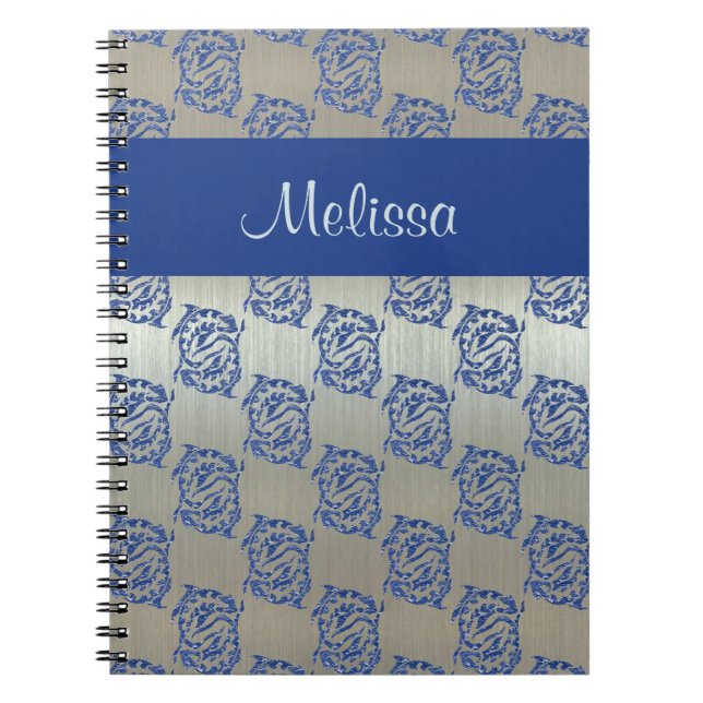 Silver Blue Pisces Fish Pattern Notebook (Front)