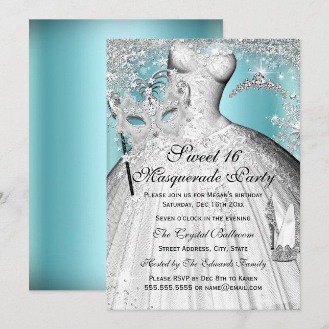 Silver Blue Princess Masquerade Sweet 16 Invite (Front/Back)