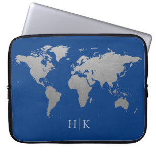 Silver Blue Professional World Map Monogram Laptop Sleeve