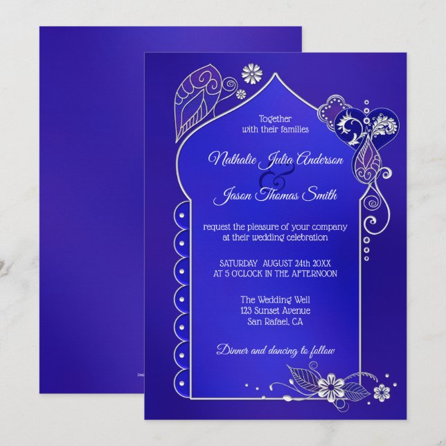 Silver Blue Purple Henna Mehndi Wedding Invitation (Front/Back)