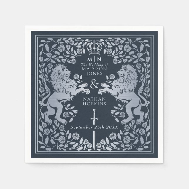 Silver Blue Royal Lion Mediaeval Sword Wedding  Napkin (Front)