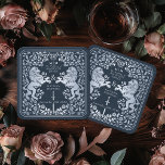 Silver Blue Royal Lion Mediaeval Sword Wedding Square Paper Coaster<br><div class="desc">Add royal charm to your tablescape! These custom wedding coasters feature a majestic lion and floral design with your names and monogram, all in luxurious silver against a blue background. Perfect for a mediaeval fantasy celebration with timeless elegance! The silver featured on this item is NOT real foil and is...</div>