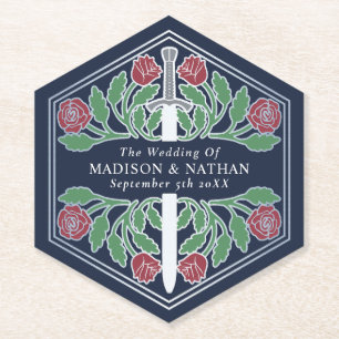 Silver Blue Royal Mediaeval Floral Sword Wedding Paper Coaster