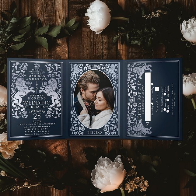 Silver Blue Royal Mediaeval Lion Wedding Tri-Fold Invitation (Creator Uploaded)
