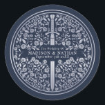 Silver Blue Royal Mediaeval Sword Wedding Classic Round Sticker<br><div class="desc">Celebrate your special day with this Royal Mediaeval Sword Wedding sticker design. The design on the back of the invite is NOT real silver foil. You can customise this further by clicking on the "PERSONALIZE" button.</div>