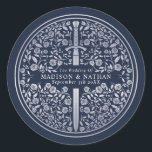 Silver Blue Royal Mediaeval Sword Wedding Classic Round Sticker<br><div class="desc">Celebrate your special day with this Royal Mediaeval Sword Wedding sticker design. The design on the back of the invite is NOT real silver foil. You can customise this further by clicking on the "PERSONALIZE" button.</div>