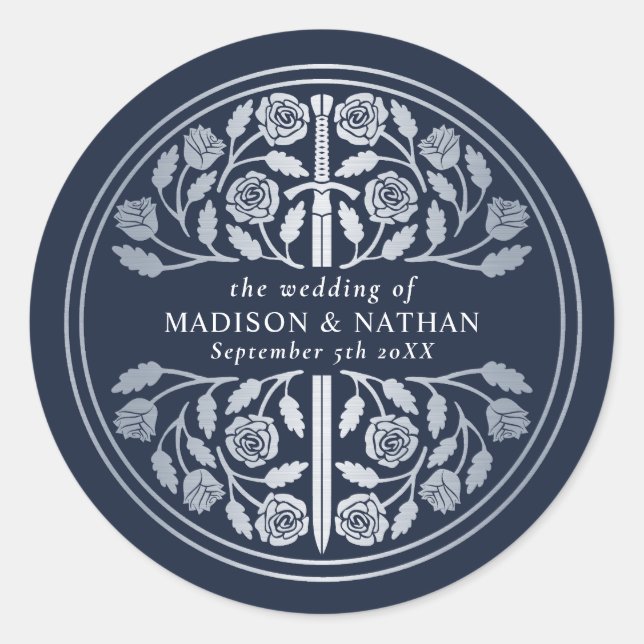 Silver Blue Royal Mediaeval Sword Wedding  Classic Round Sticker (Front)