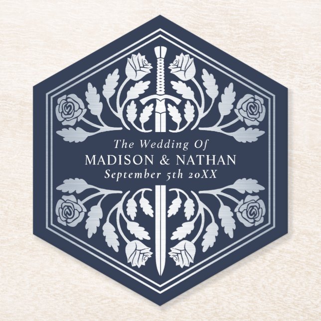 Silver Blue Royal Mediaeval Sword Wedding Paper Coaster (Front)