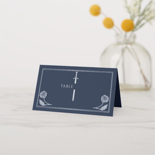Silver Blue Royal Mediaeval Sword Wedding Place Card (Front)
