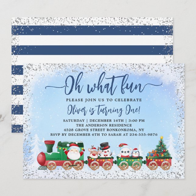 Silver Blue Santa Claus Christmas Kids Birthday Invitation (Front/Back)
