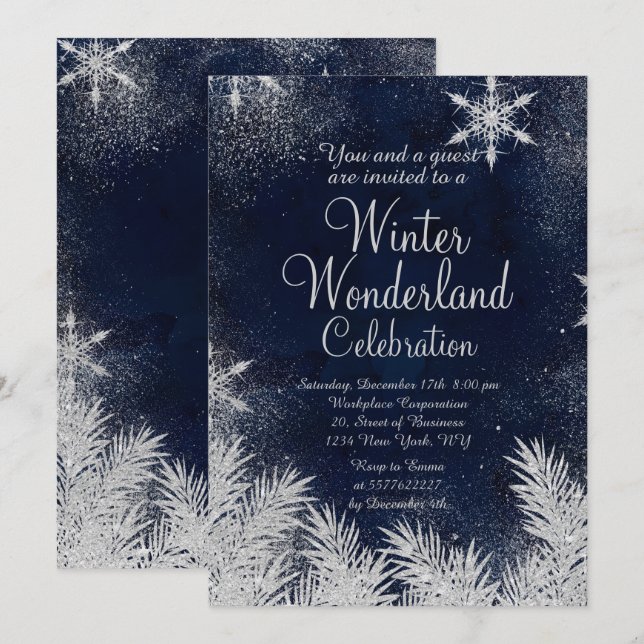 Silver blue snowflake corporate winter wonderland2 invitation (Front/Back)