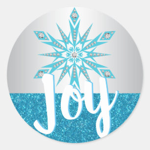 Silver Blue Snowflake JOY Holiday Christmas Classic Round Sticker