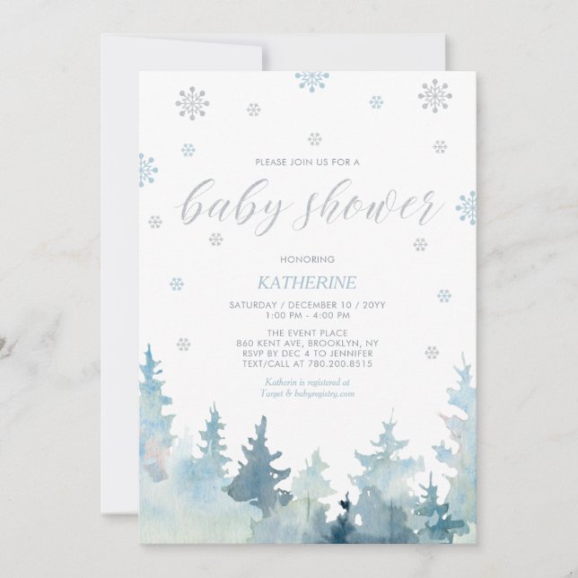 Silver & Blue Snowflake Winter Forest Baby Shower Invitation (Front)