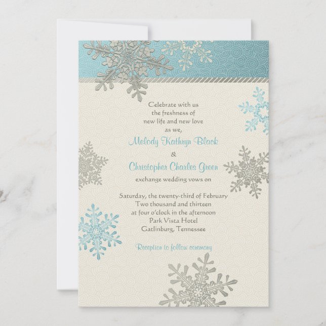 Silver Blue Snowflake Winter Wedding Invitation (Front)