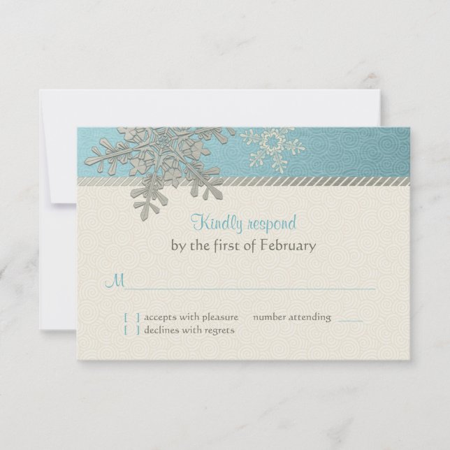 Silver Blue Snowflake Winter Wedding Reply Card (Front)