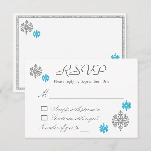 Silver Blue Snowflake Winter Wedding RSVP Card (Front/Back)