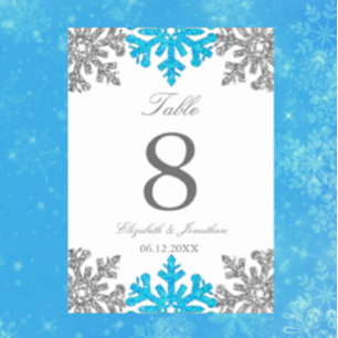 Silver Blue Snowflake Winter Wedding Table Number