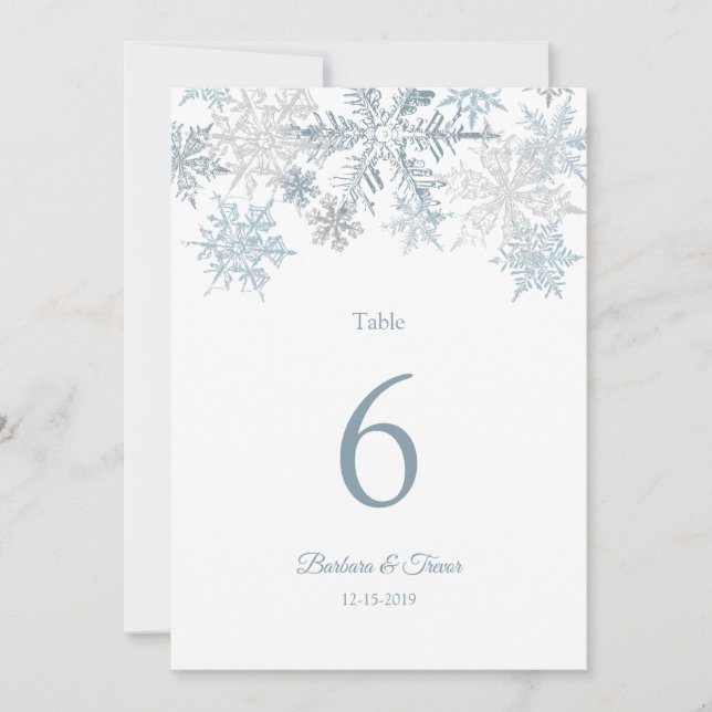 Silver Blue Snowflake Winter Wedding Table Numbers (Front)