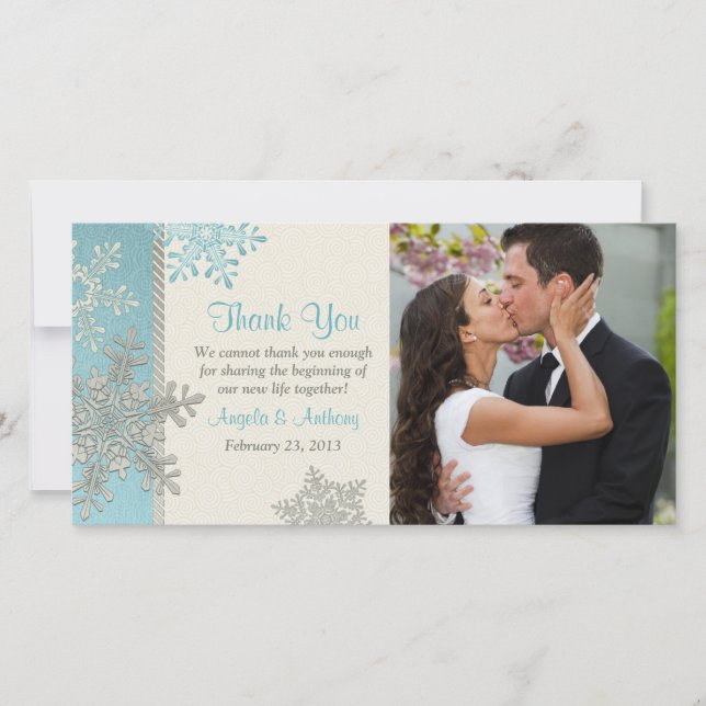 Silver Blue Snowflake Winter Wedding Thank You Card (Front)