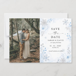 Silver Blue Snowflakes Floral Winter Save the Date Magnetic Invitation