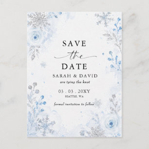 Silver Blue Snowflakes Floral Winter Wedding Announcement Postcard