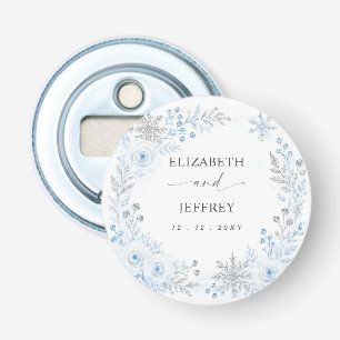 Silver Blue Snowflakes Floral Winter Wedding Bottle Opener