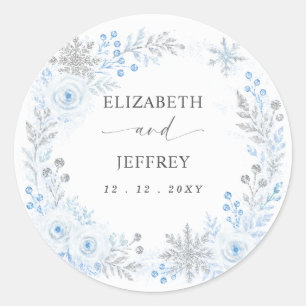 Silver Blue Snowflakes Floral Winter Wedding Classic Round Sticker