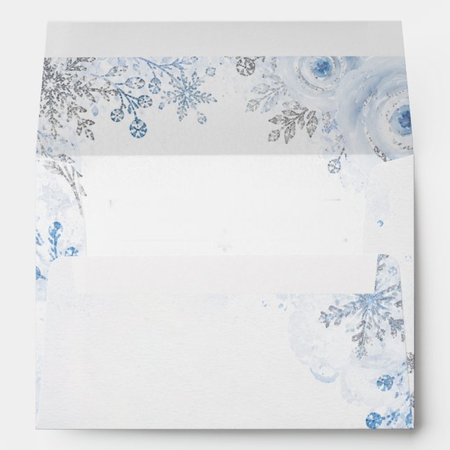 Silver Blue Snowflakes Floral Winter Wedding Envelope (Back (Bottom))