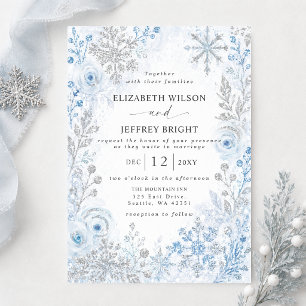 Silver Blue Snowflakes Floral Winter Wedding Invitation