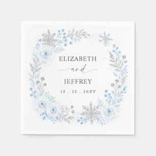 Silver Blue Snowflakes Floral Winter Wedding Napkin