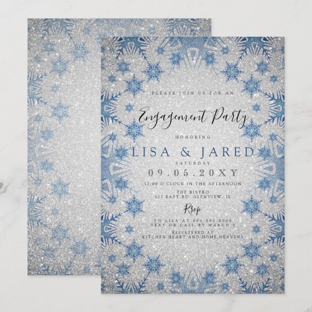 Silver Blue Snowflakes Winter Engagement Party Invitation (Front/Back)