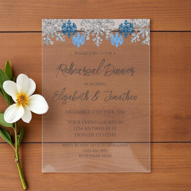 Silver Blue Snowflakes Winter Rehearsal Dinner Acrylic Invitations (Creator Uploaded)
