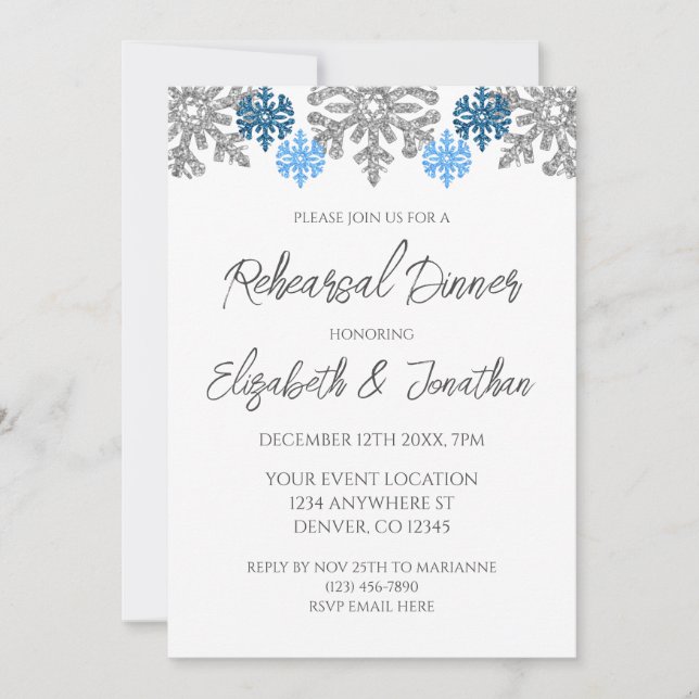 Silver Blue Snowflakes Winter Rehearsal Dinner Invitation (Front)